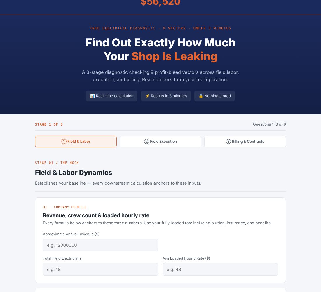Preview of the Electrical Profit Leak Diagnostic page